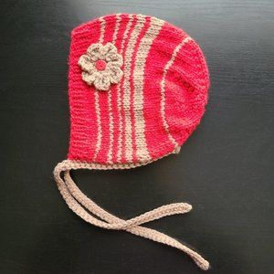 Baby Girl Hat BONNET knitted Acrylic Handmade Red Beige Size 6-9 Months